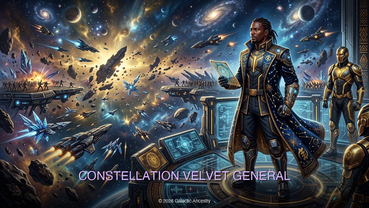 Constellation Velvet General — a commanding figure draped in starlight