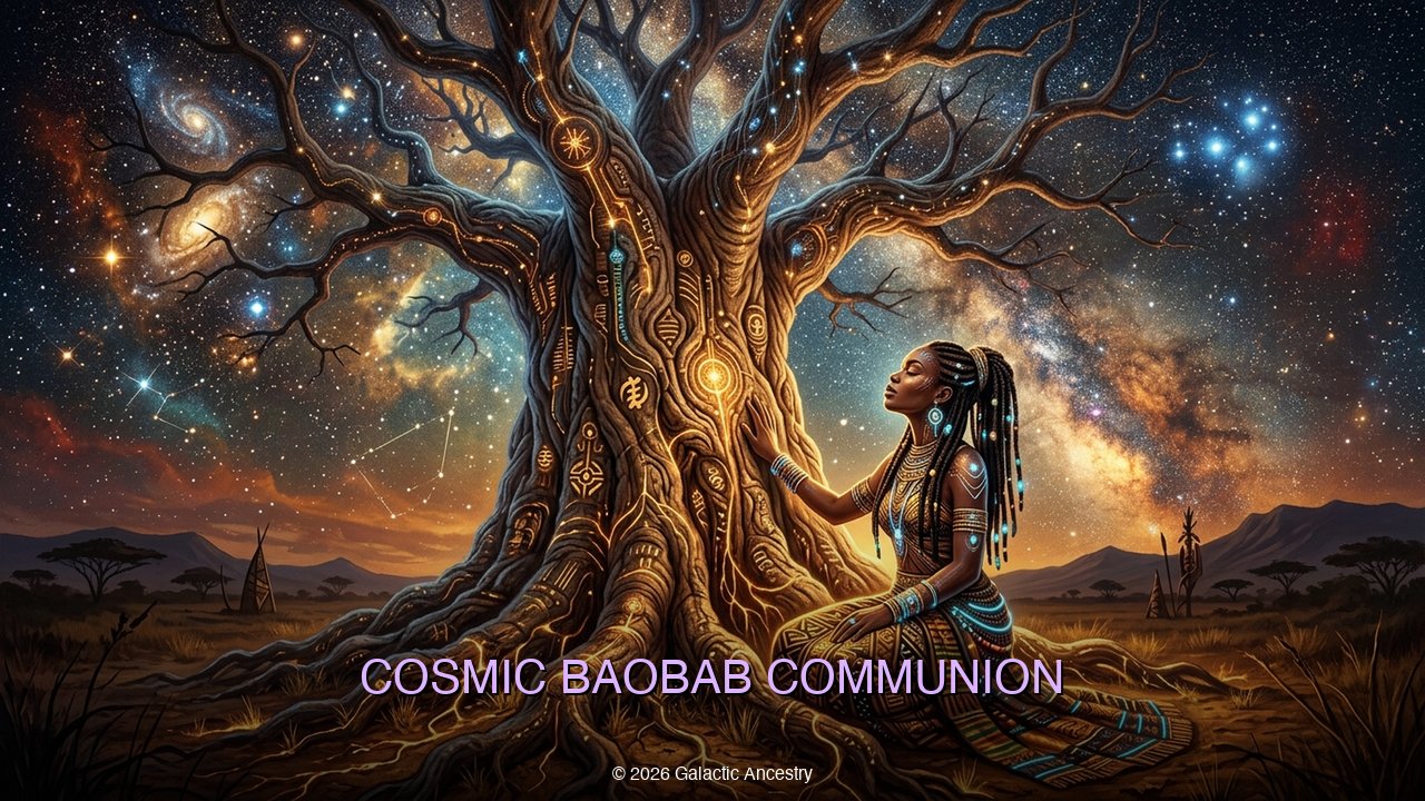 Cosmic Baobab Communion — an ancient tree connecting earth and cosmos