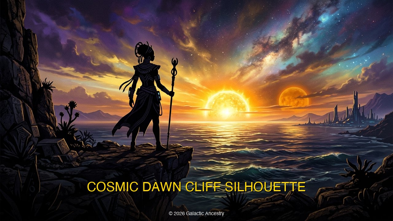 Cosmic Dawn Cliff Silhouette — a lone figure on cosmic cliffs at dawn