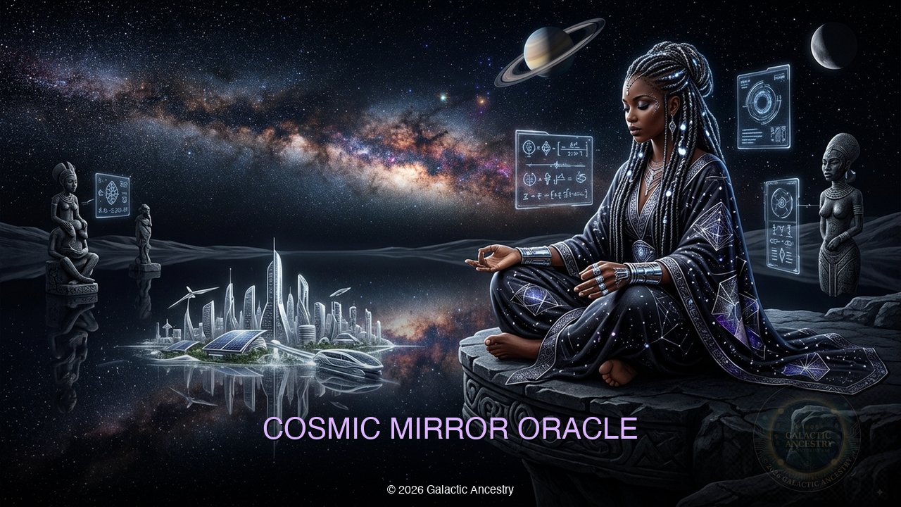 Cosmic Mirror Oracle — a mystical figure gazing into a cosmic mirror