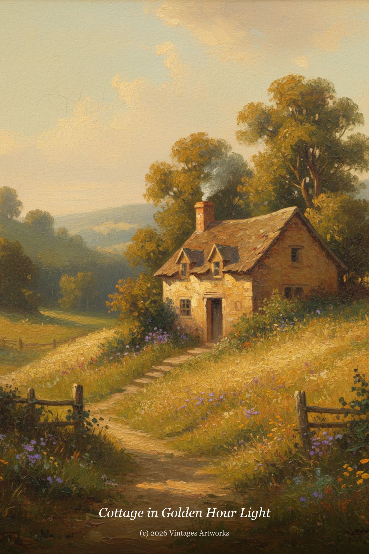 Cottage in Golden Hour Light — a warm, sunlit countryside cottage painting