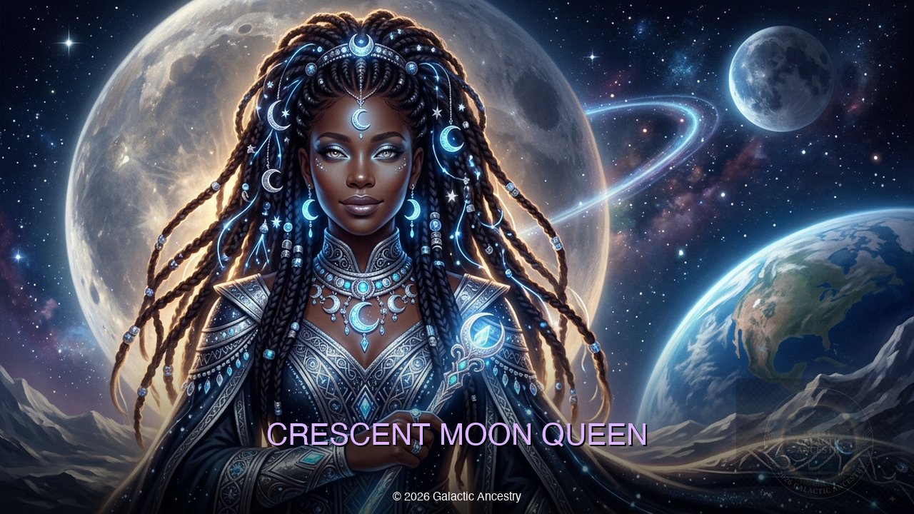Crescent Moon Queen — celestial queen beneath a crescent moon