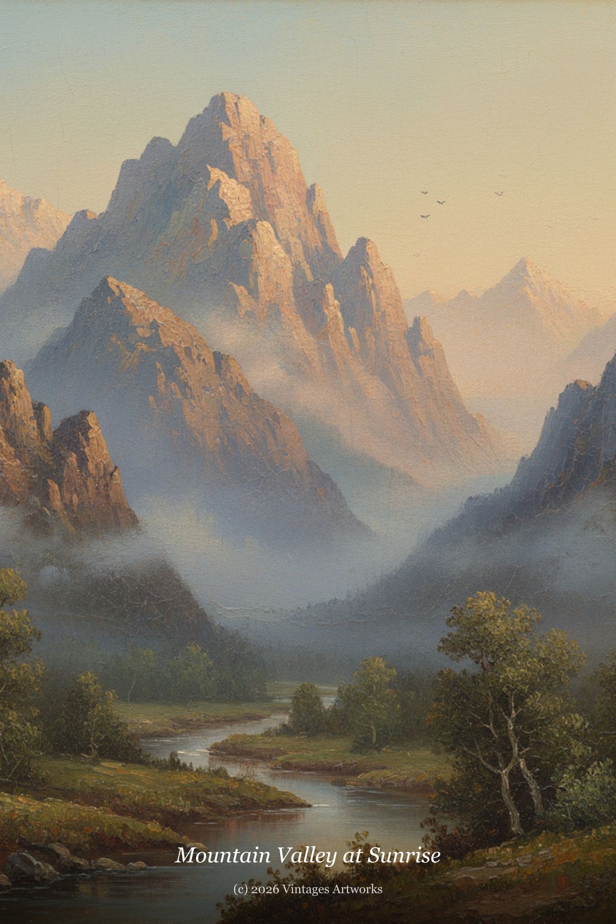 Mountain Valley at Sunrise — misty valley with first light on the peaks