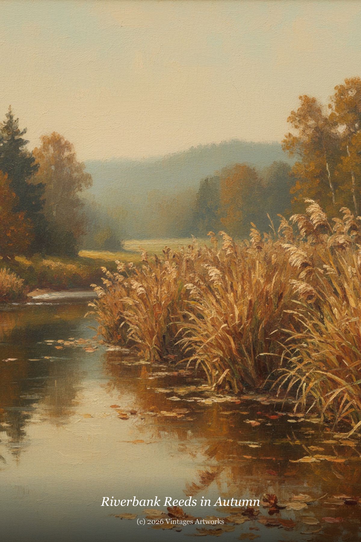 Riverbank Reeds in Autumn — golden reeds swaying along a quiet river