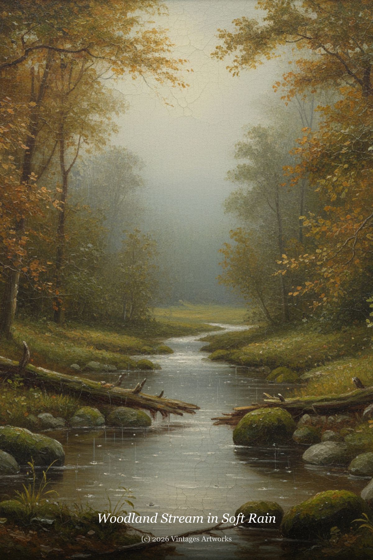 Woodland Stream in Soft Rain — a gentle stream winding through a rainy forest